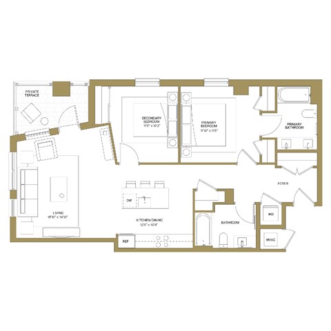 Floor plan for 2 beds, 2 baths, 1038 sqft